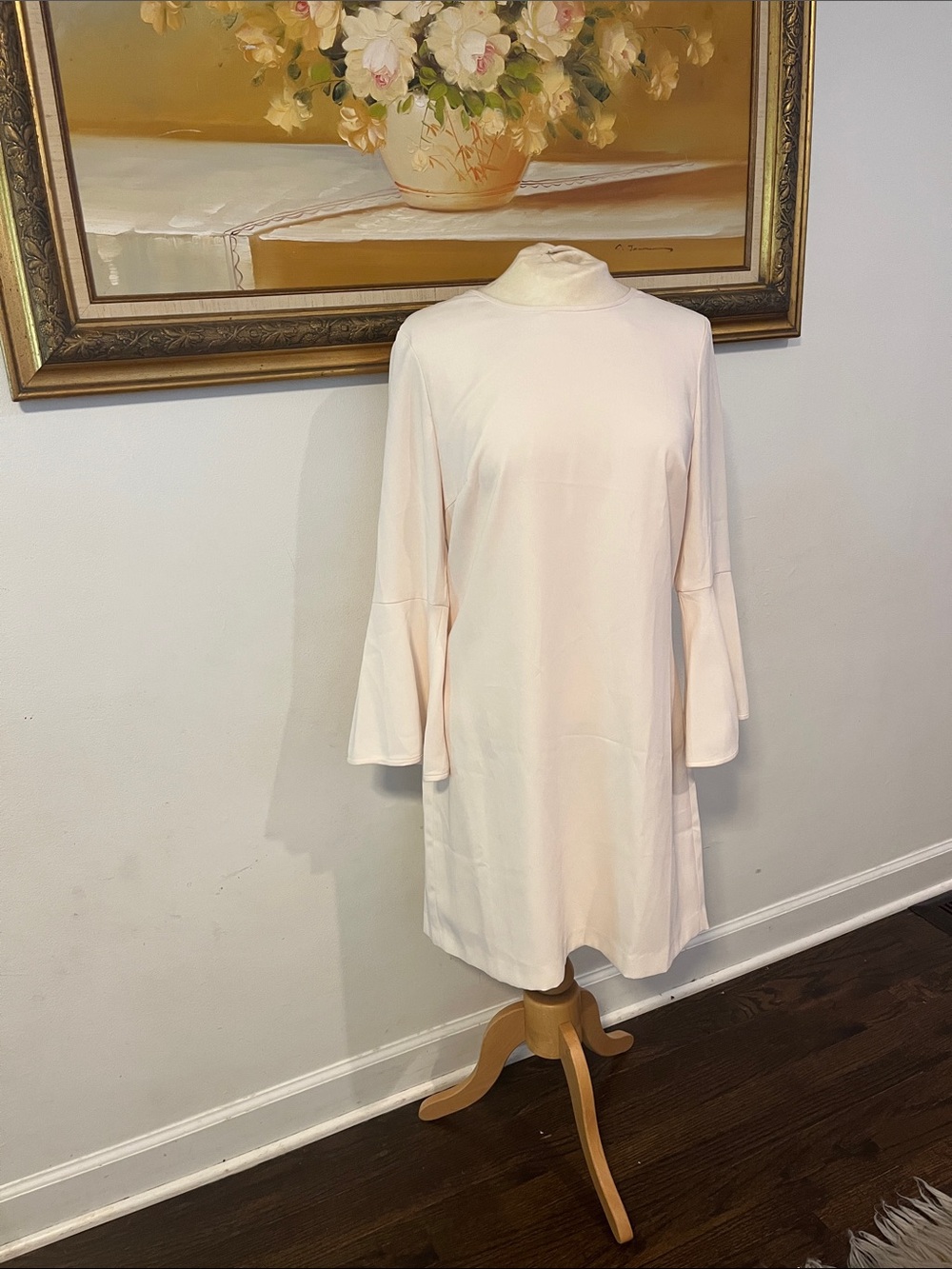 Club Monaco Pale Blush Midi Shift Dress with Bell Sleeves